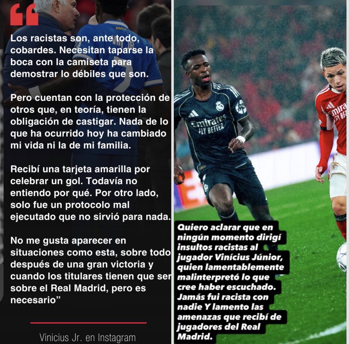 Quien dice la verdad? Solo ellos  lo saben 🤷‍♀️ puedes taparte la boca para insultar gravemente pero no tema racismo, puedes agredir a un jugador por su color de piel ….
Q jugador te crees mas?