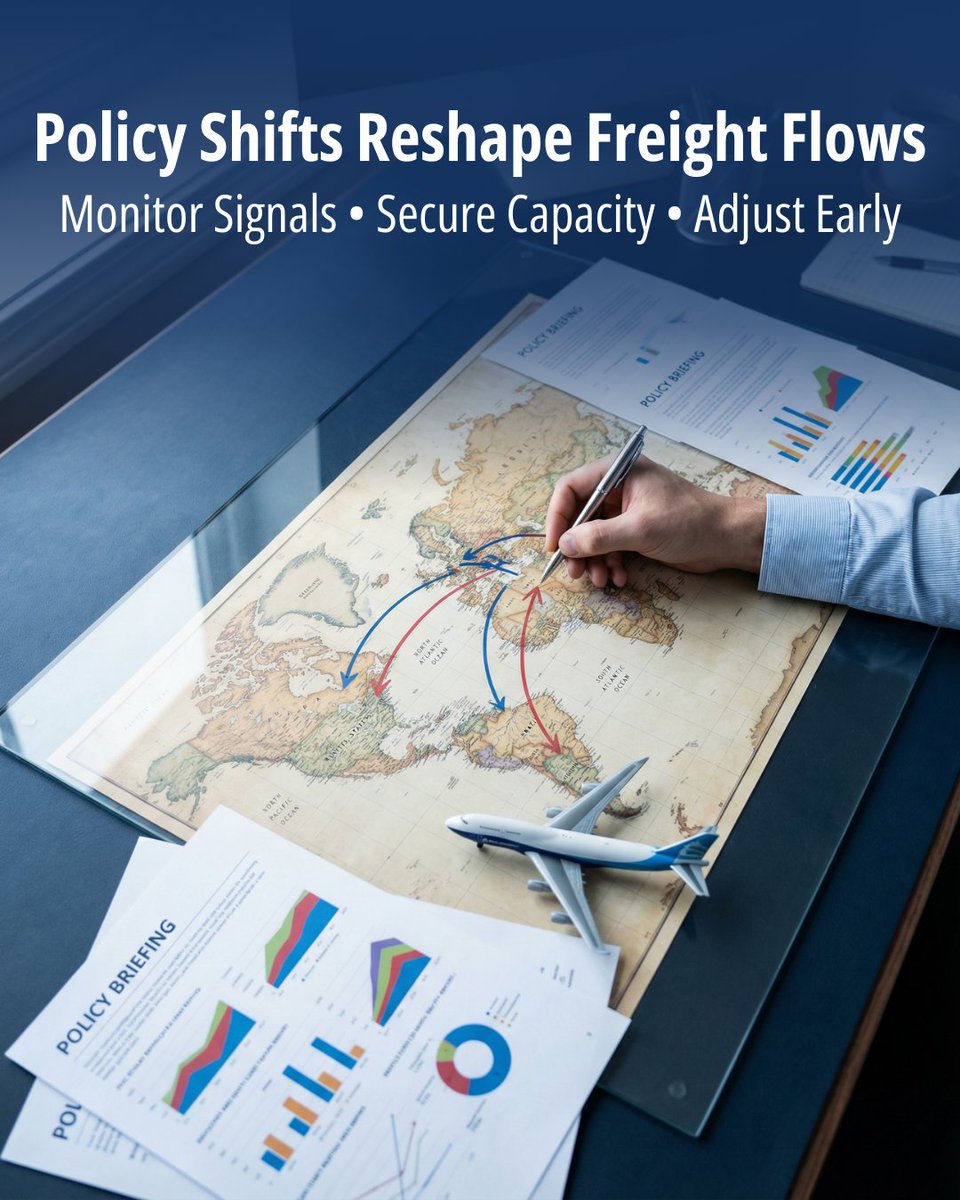 CFCadvisory's tweet photo. Trade policy shifts can reconfigure cargo networks quickly. When tariffs change or import rules tighten, flows redirect and carriers adjust capacity. Teams that monitor policy signals early are better positioned.

Ready to map your exposure and options  → https://t.co/RsbRRuPfNQ https://t.co/MJm5vRiMJF