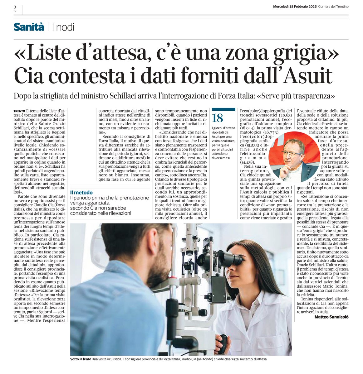 CiaClaudio's tweet photo. Il Corriere del Trentino ha ripreso il mio intervento sulle liste d’attesa, nato dopo le recenti dichiarazioni del Ministro Schillaci. Il punto è semplice: i tempi pubblicati (basati sul Primo Posto Libero) fotografano soprattutto chi è già riuscito ad agganciare un appuntamento. https://t.co/1cJ5bIAo1q