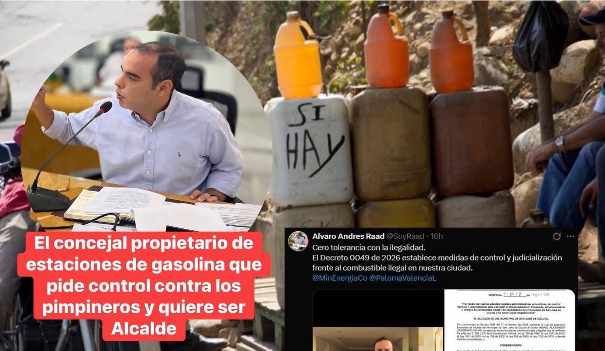 ¿Sabe usted porque el concejal Alvaro Raad pide controles y cero tolerancia con la ilegalidad? 📷

Raad junto a su familia pertenecen a la elite de Cúcuta y en sus propiedades están varias estaciones de servicio de combustible.

Es de conocimiento publico que los llamados