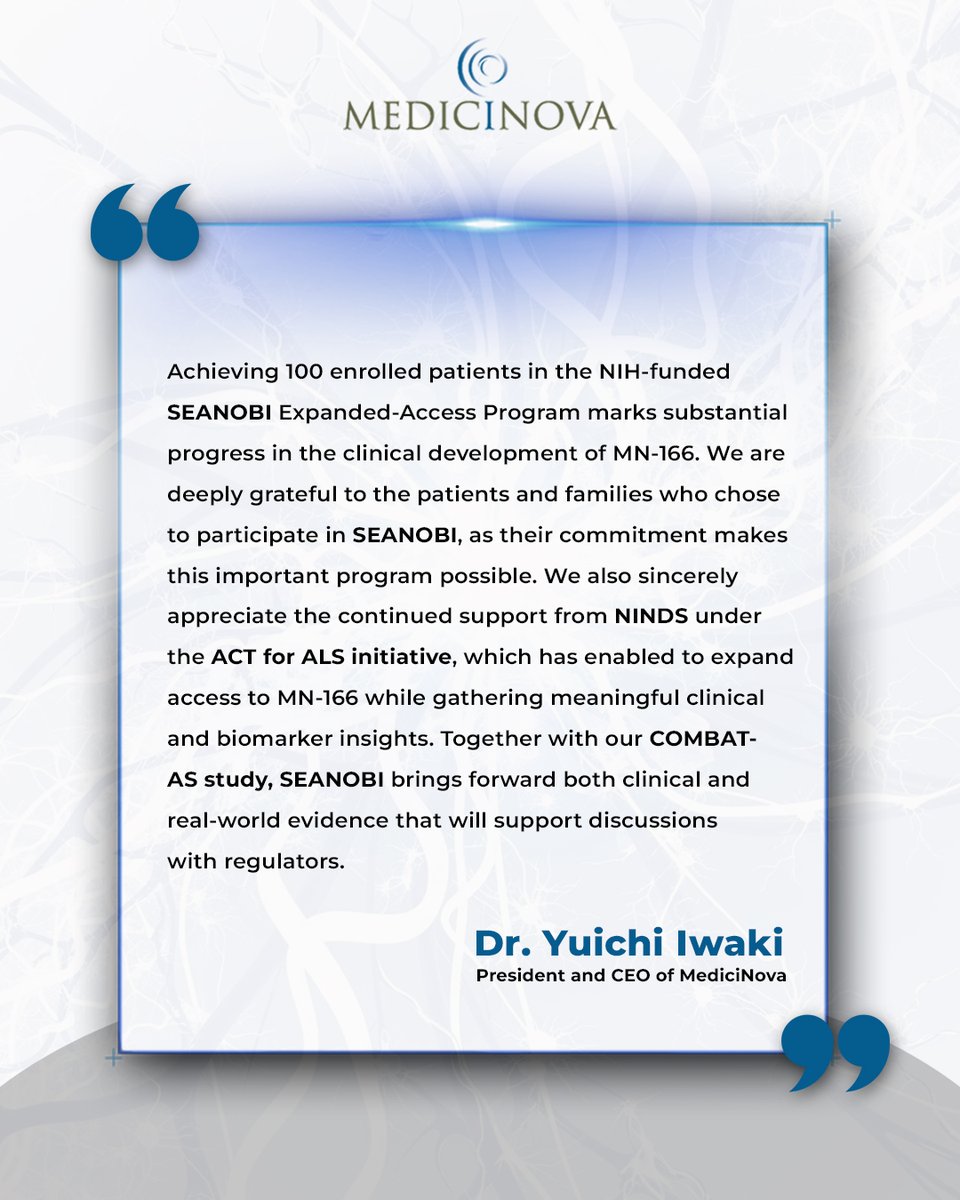 MediciNovaInc's tweet photo. The continued support from NINDS and the ACT for ALS initiative has been instrumental in enabling broader access to MN‑166 while capturing valuable clinical and biomarker insights.
#MediciNova #ALSResearch #MN166 #ClinicalTrials #ExpandedAccess #ACTforALS https://t.co/H1AjrpRSTK