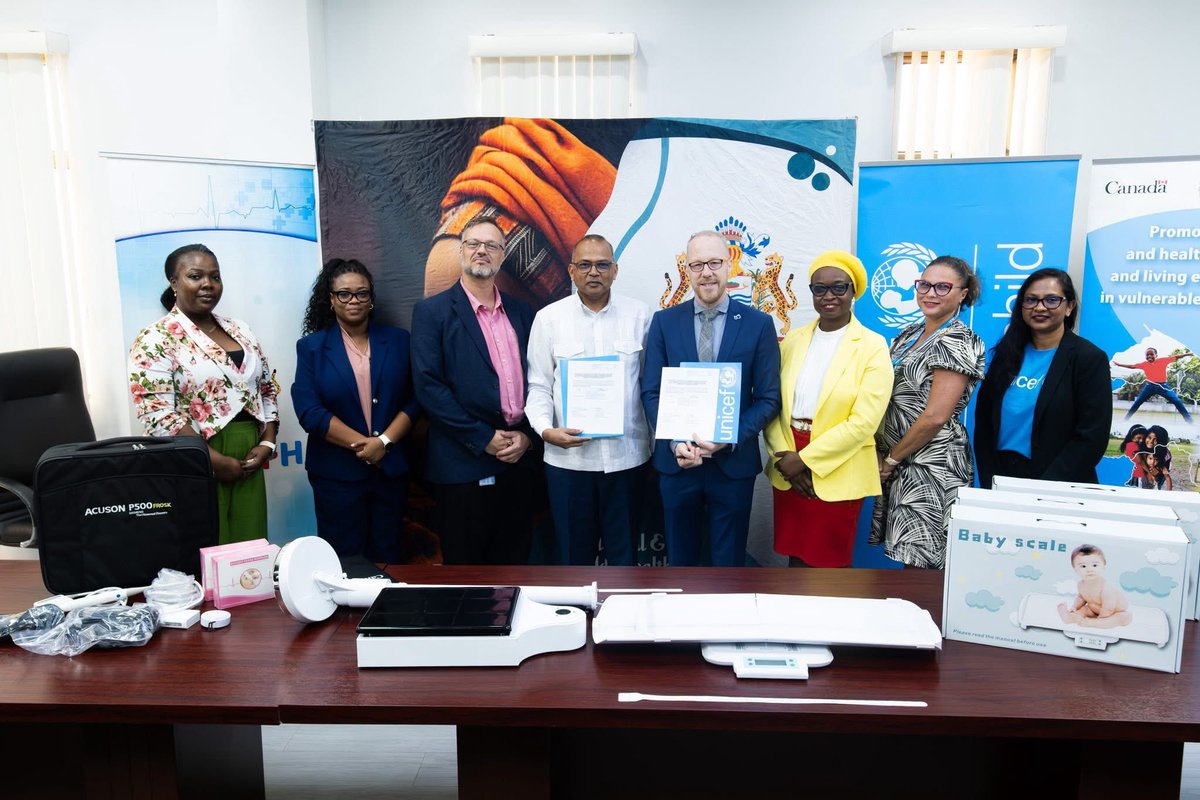 mohguyana's tweet photo. UNICEF &amp; the Canadian Government have handed over a second batch of anthropometric &amp; maternal health equipment to the MoH. 
This brings total investment through UNICEF to CAD$230,000, boosting maternal &amp; child health services, especially in hinterland regions.
#mohguyana https://t.co/DT3Hj0UqpS