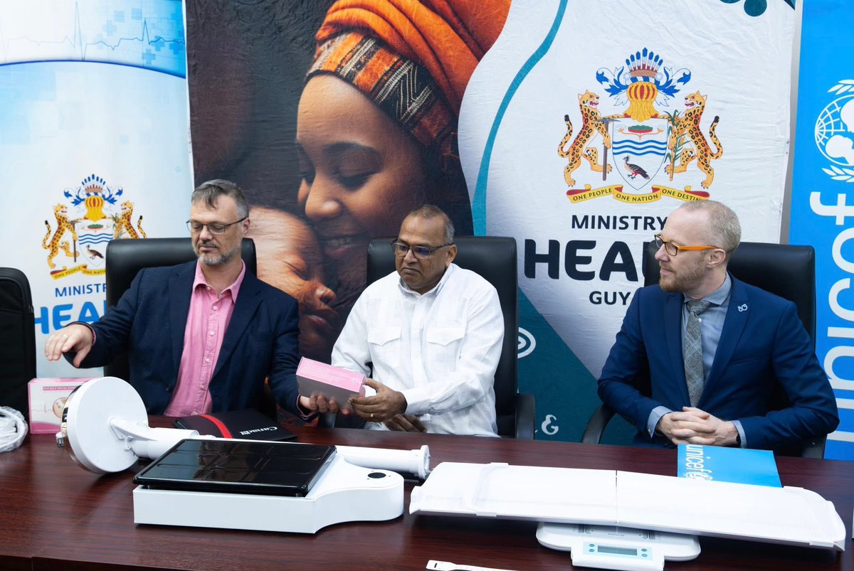 mohguyana's tweet photo. UNICEF &amp; the Canadian Government have handed over a second batch of anthropometric &amp; maternal health equipment to the MoH. 
This brings total investment through UNICEF to CAD$230,000, boosting maternal &amp; child health services, especially in hinterland regions.
#mohguyana https://t.co/DT3Hj0UqpS