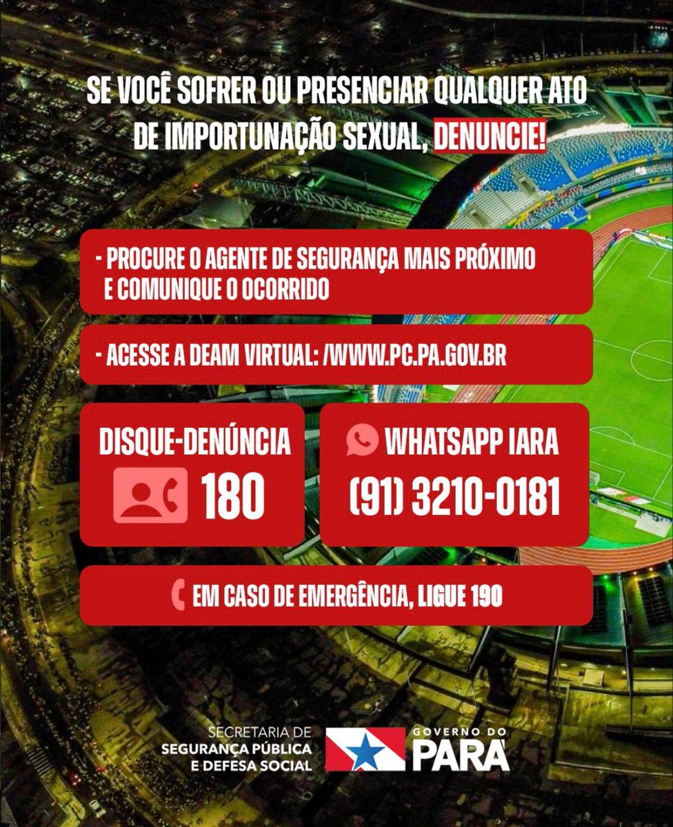Importunação sexual no estádio é crime ! 

Acompanhe nossos canais e fique por dentro das ações que reforçam a segurança pública no Pará.

#GovernodoPará #NãoéNão #TorcidaSegura