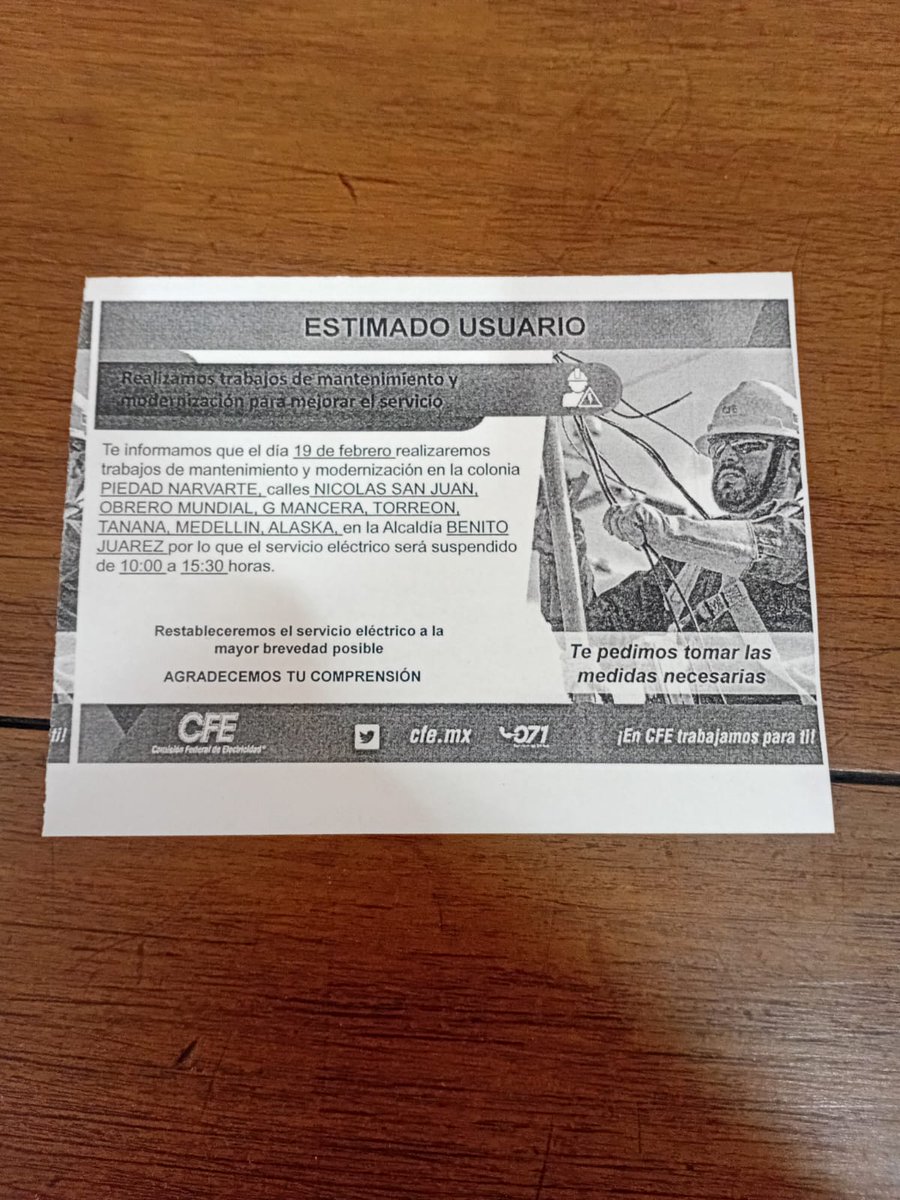 AldoMartinezT's tweet photo. @CFEmx es real este comunicado de corte de energía hoy en Narvarte? 

@CFE_Contigo https://t.co/VUHrB6IqXH