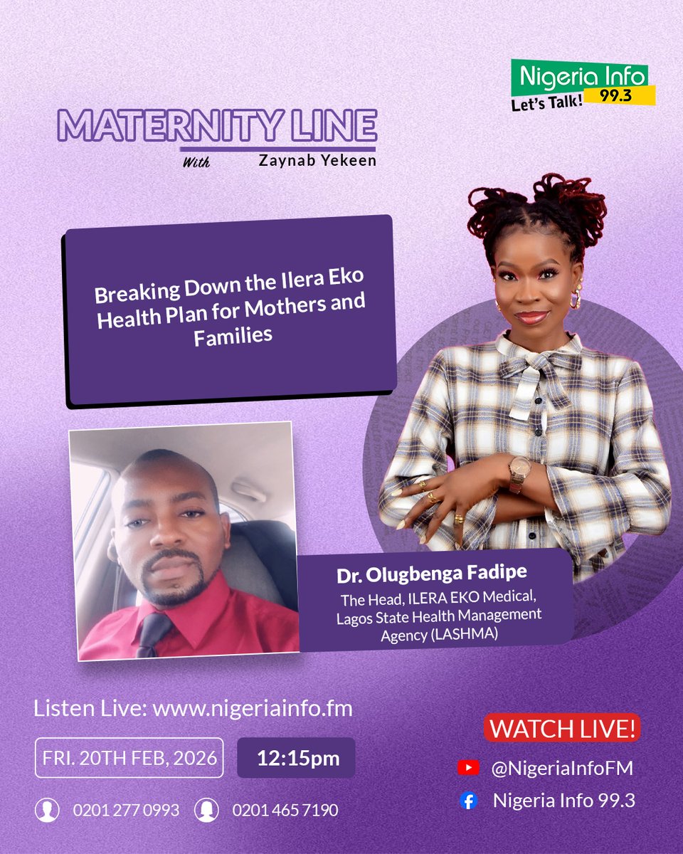 NigeriainfoFM's tweet photo. On #MaternityLine, @keenzaynab is discussing the Ilera Eko Health Plan.
📌What does it cover for pregnant women and children?
📌What should mothers and parents know about payments, waiting periods, or limitations?
📌What happens if a hospital refuses to treat you?
Dr. Olugbenga Fadipe, Head, Ilera Eko Medical, LASHMA, is responding to these questions and more.
Join the conversation... #LetsTalk