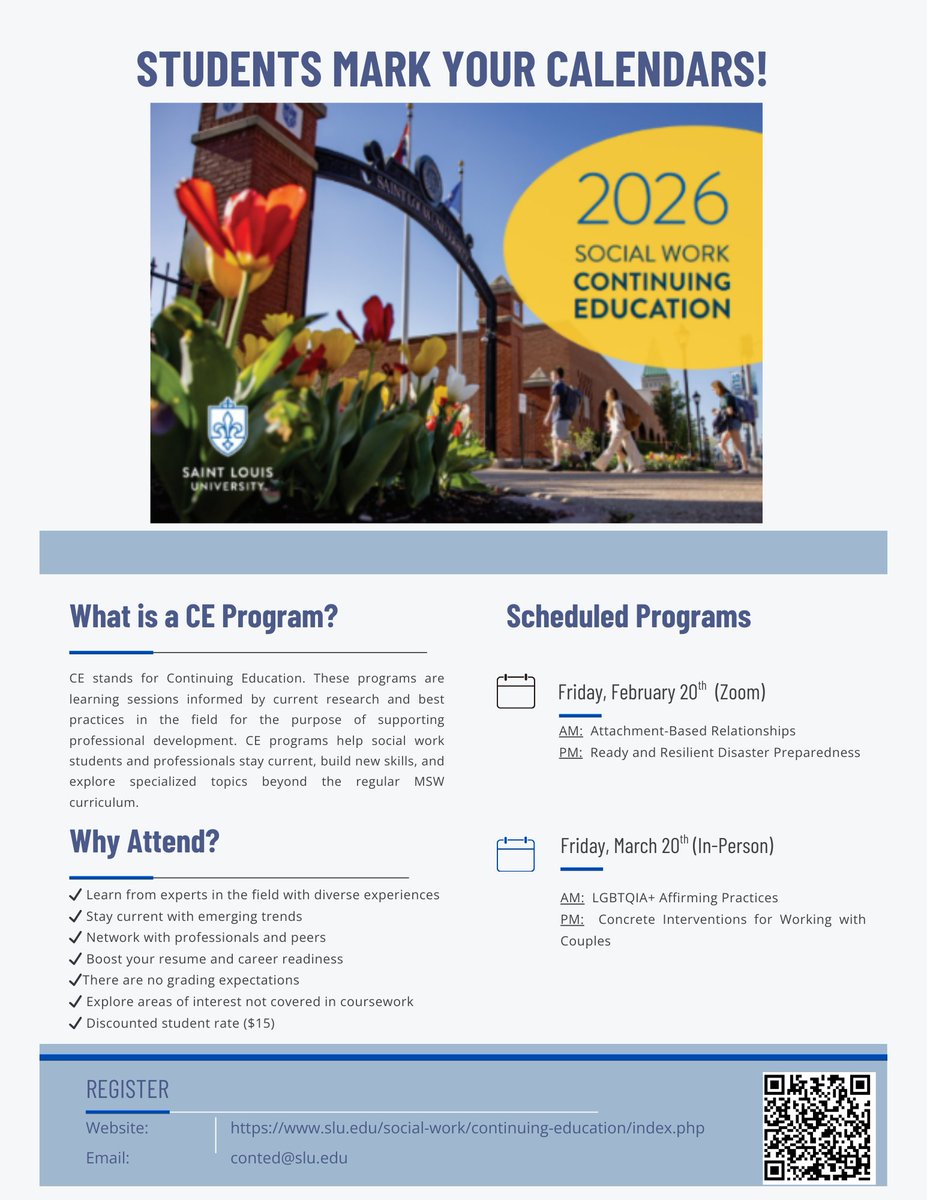 SocialWorkSLU's tweet photo. SSW Students: Kickstart your career with lifelong learning! Explore specialty practice areas, build skills for licensure, &amp; earn CE certificates through SLU’s School of Social Work. Check upcoming events &amp; sign up now: https://t.co/dEamWeVCNw https://t.co/dqAayAn3xJ