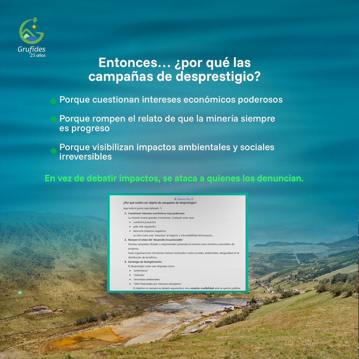 grufides's tweet photo. Le preguntamos a la IA:
¿Cuál es el rol de las organizaciones ambientales y de ddhh en Cajamarca y xq suelen ser objeto de campañas de desprestigio?
La respuesta nos ayuda a entender por qué defender el agua y el territorio  no es una ideología, sino una labor fundamental. https://t.co/vcgxY8wEtX
