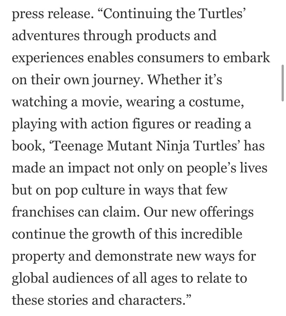 TMNTstuff's tweet photo. @Fanta5ma5 There’s no signs that any new TMNT shows are being planned. YouTube shorts, movies, but no regular animated tv shows. No longer profitable I guess. Take a look at what this executive said. Notice the omission of tv shows It seems they have plans for everything shows. https://t.co/81Ml3ikjsu