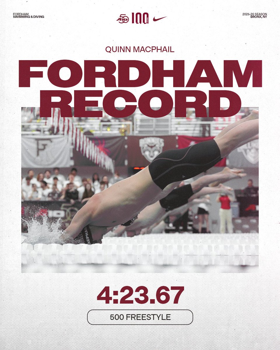 FordhamSwimming's tweet photo. 1st school record during the #A10SD Championship belongs to Quinn MacPhail, as he qualifies second for the 500 freestyle final! https://t.co/aXFc2jfCDU