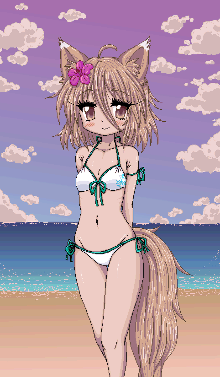 Tewimom's tweet photo. Tsukasa at the beach, sunset and daytime versions.
#東方Project #Touhou #菅牧典 #pixelart https://t.co/6eavnesIcj