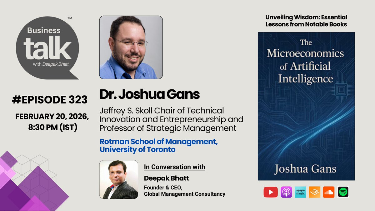 hellomrbhatt's tweet photo. Honored to welcome Dr. @joshgans, @rotmanschool professor and economist of innovation, sharing insights from The Microeconomics of Artificial Intelligence.
#BusinessTalk #AI #EconomicsOfAI #BusinessStrategy https://t.co/P0Khnt0N2A