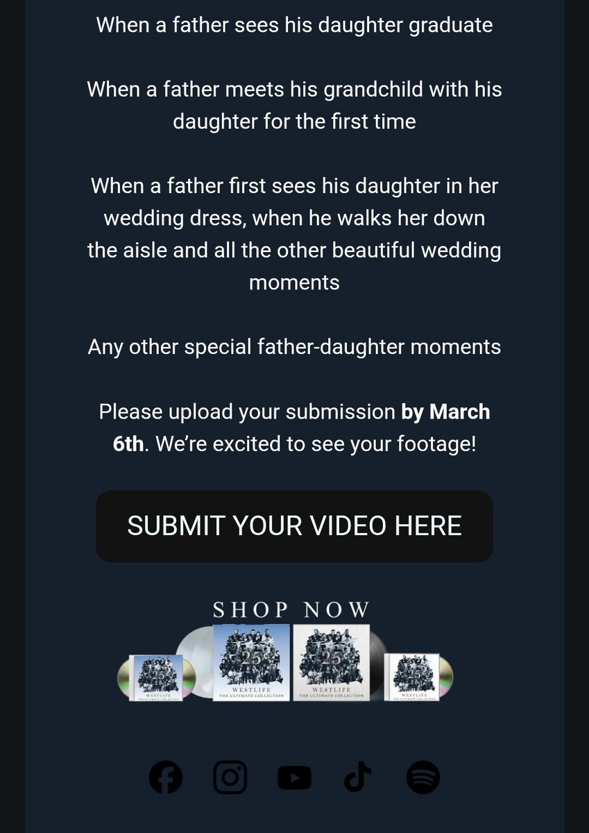 📢 NEW MUSIC: One of Westlife's new songs is called Beautiful Life and will be released with the new album on 8th May. They're putting together a video for Beautiful Life &amp; want fans to submit videos of father-daughter moments. Submit your videos here: sme.wyng.com/693adc2ffc6201…