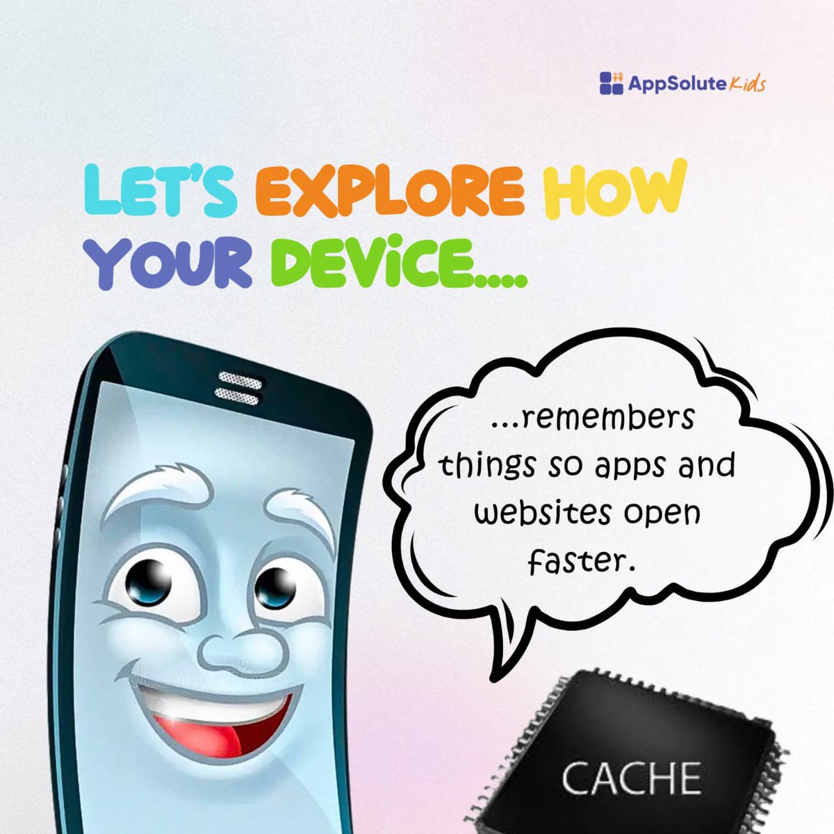 Appsolute_Kids's tweet photo. Your device has a tiny “memory box” called cache and it’s the reason some apps open faster the second time. 
But when it gets too full? Things can start acting weird.

#cache #techtipsforkids #kids #learning https://t.co/ReW9OUNNlD