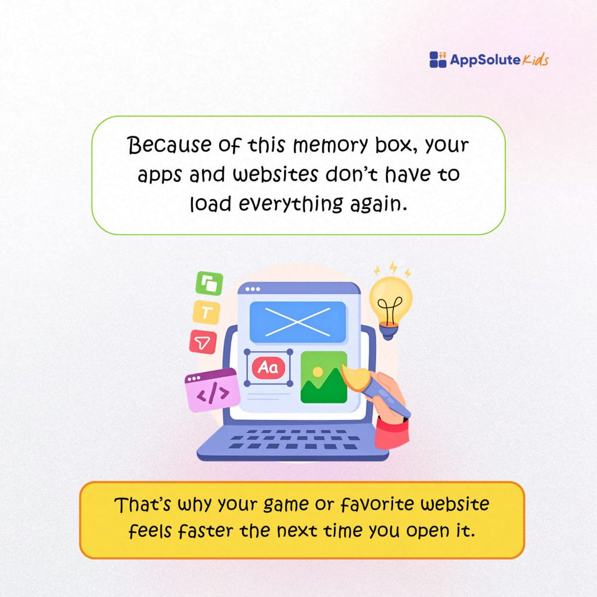 Appsolute_Kids's tweet photo. Your device has a tiny “memory box” called cache and it’s the reason some apps open faster the second time. 
But when it gets too full? Things can start acting weird.

#cache #techtipsforkids #kids #learning https://t.co/ReW9OUNNlD