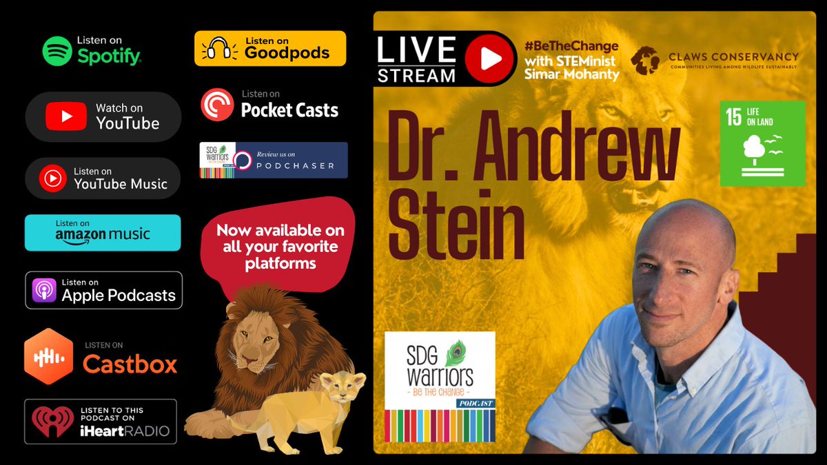 SDGwarriors's tweet photo. 🆕 Episode Alert! 🚀
🎙 E43 #STEM - The @SDGwarriors Podcast is now streaming on all your favorite platforms!
🦁 The Big Cat Safari: Tracking #Lions, Conflict &amp; Coexistence w/ Dr. Andrew Stein, CLAWS Conservancy
🎧 https://t.co/EKRPPBRzTq
#BeTheChange #StayCurious #SDG15 #UNSDGs https://t.co/8DsOQsF6tt