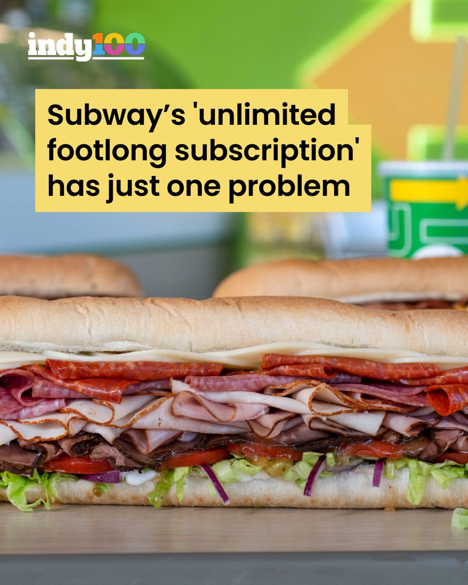 indy100's tweet image. A $45-a-month subscription promising unlimited footlongs 🥪

The craze kicked off with a viral tweet that amassed 12 million views and sparked thousands of excited responses.

#Subway #Food #Foodies #Offers #Deals

indy100.com/viral/subway-u…