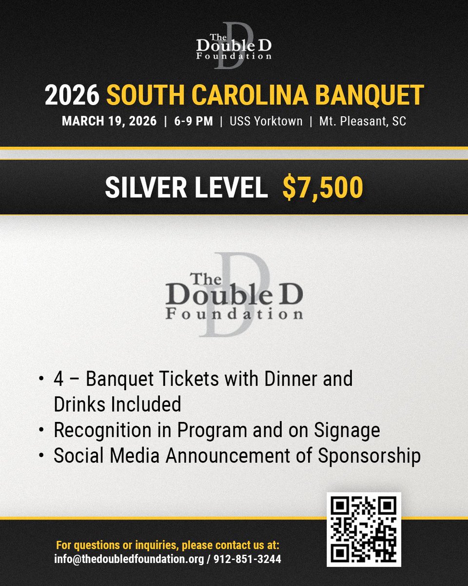 The Silver Package delivers a meaningful way to support The Double D Foundation and includes four banquet seats, banquet recognition, and directly funds grants for youth shooting teams and organizations across South Carolina. Learn more here -> bit.ly/3O0tRdo