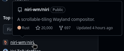 YaLTeRz's tweet photo. niri has reached 20k stars on GitHub! 🥳🥳

pretty wild tbh

thanks everyone for support! ❤️

#niri https://t.co/4Gc60DMZPP