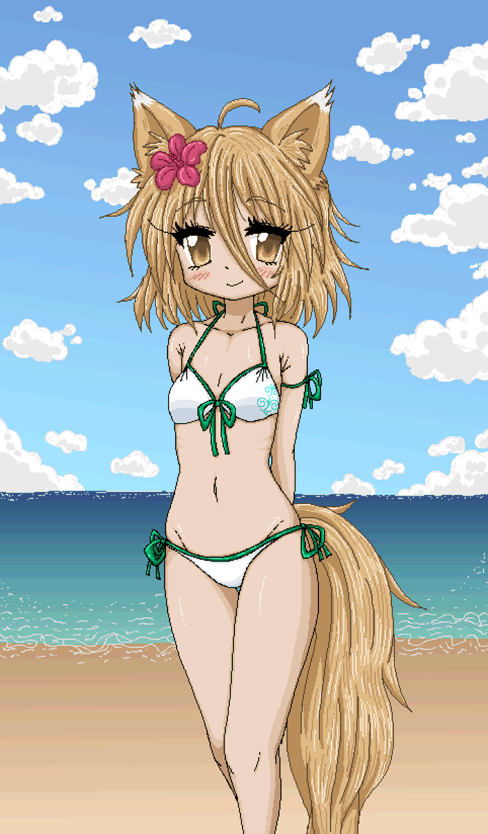 Tewimom's tweet photo. Tsukasa at the beach, sunset and daytime versions.
#東方Project #Touhou #菅牧典 #pixelart https://t.co/6eavnesIcj
