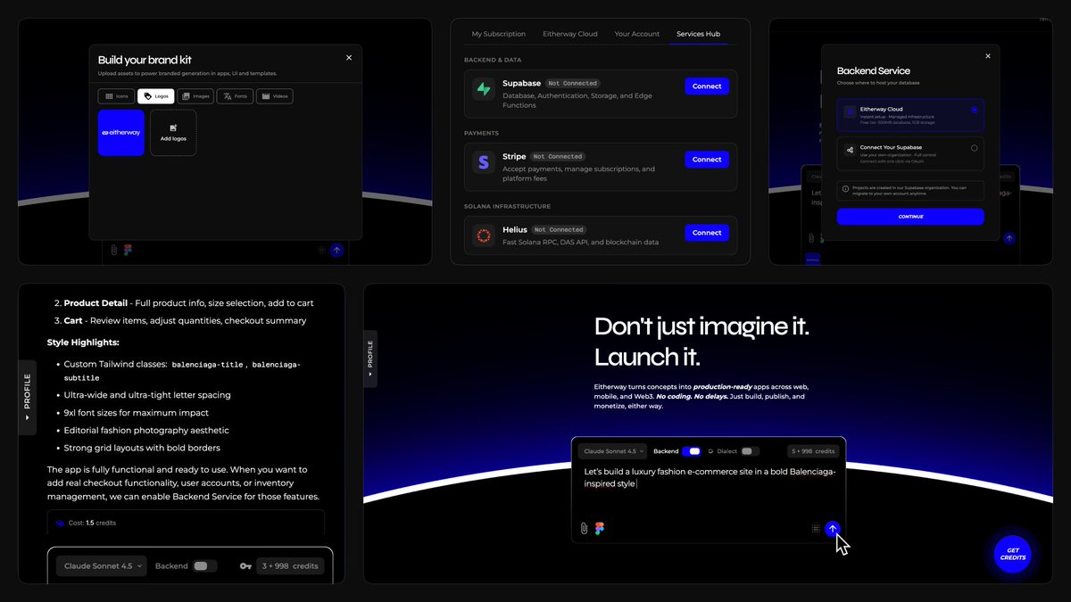 Prompt → full stack app → deployed. 

Frontend. ✅ 
Backend. ✅  
Auth. ✅ 
Payments. ✅ 
Optional onchain. ✅
No sandbox. ✅
Production. ✅

Eitherway.ai