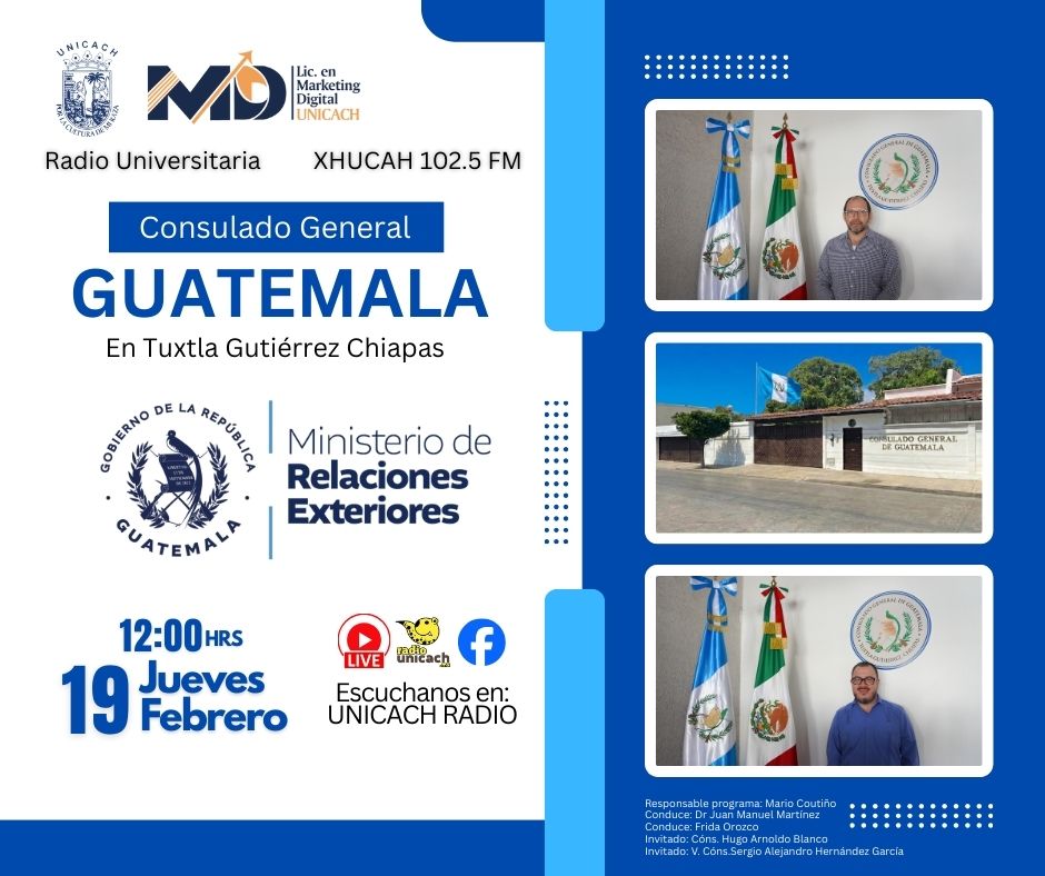 #MarketingDigital #ConexiónDigital.
Tema: Ministerio de Relaciones Exteriores.
Consulado General Guatemala.
Conduce: Dr. Juan Manuel Martínez Constantino y Frida Orozco.
Invitado: Cóns. Hugo Arnoldo Blanco y V. Cóns. Sergio Alejandro Hernández García.