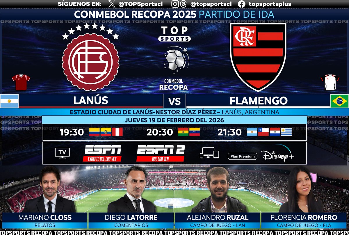 TOPSportscl's tweet photo. CONMEBOL #Recopa ๐ Partido de Ida
๐ฆ๐ท #Lanรบs - #Flamengo ๐ง๐ท
๐๏ธ Mariano Closs
๐ฃ๏ธ @dflatorre
๐๏ธ @AleRuzal y @stefaniacasero
#โฃ #RECOPAxESPN #DisneyPlus - #RecopaSudamericana
๐ฅ๏ธ ESPN Sudamรฉrica โ๐จ๐ด๐ช๐จ๐ป๐ช
๐ฅ๏ธ ESPN 2 ๐จ๐ด๐ช๐จ๐ป๐ช
๐ฑ๐ป @disneyplusla (Plan premium)
๐โค๏ธ https://t.co/zDB3T4nYA1