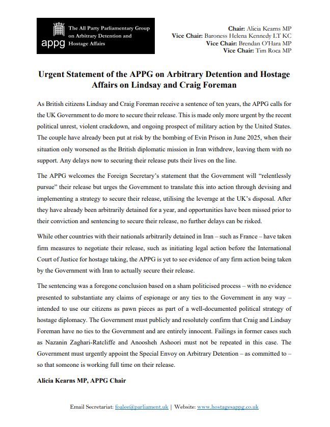 The APPG has issued a statement in response to the sentencing of British citizens Lindsay and Craig Foreman who remain arbitrarily detained in Iran for over a year. 

<a href="/freelindscraig/">Lindsay Craig</a>