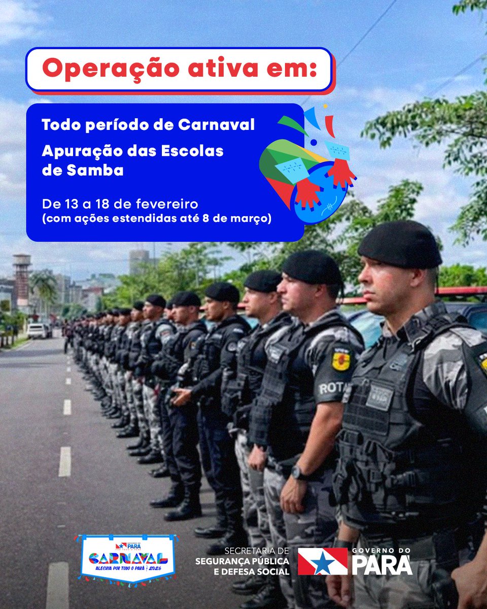 🎭🚔 Operação Carnaval 2026
Mais de 4,8 mil agentes atuando em todo o estado, com presença em 70+ localidades, reforçando a segurança nas ruas, estradas e rios durante todo o período de Carnaval.
#OperacaoCarnavalSeguro2026 #CarnavalSeguro #SegurancaPublica #Carnaval2026