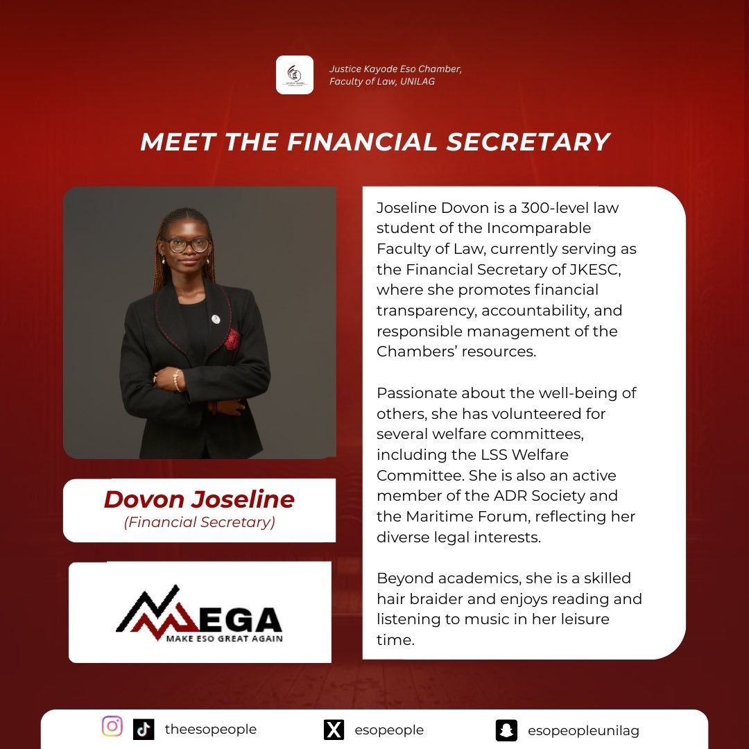 SOME PEOPLE BRAID HAIR; SHE BRAIDS SYSTEMS!

From promoting accountability to ensuring every resource is properly managed, she brings structure to ambition and balance to growth.

Meet Dovon Joseline, the Financial Secretary.

THE MEGA TEAM
