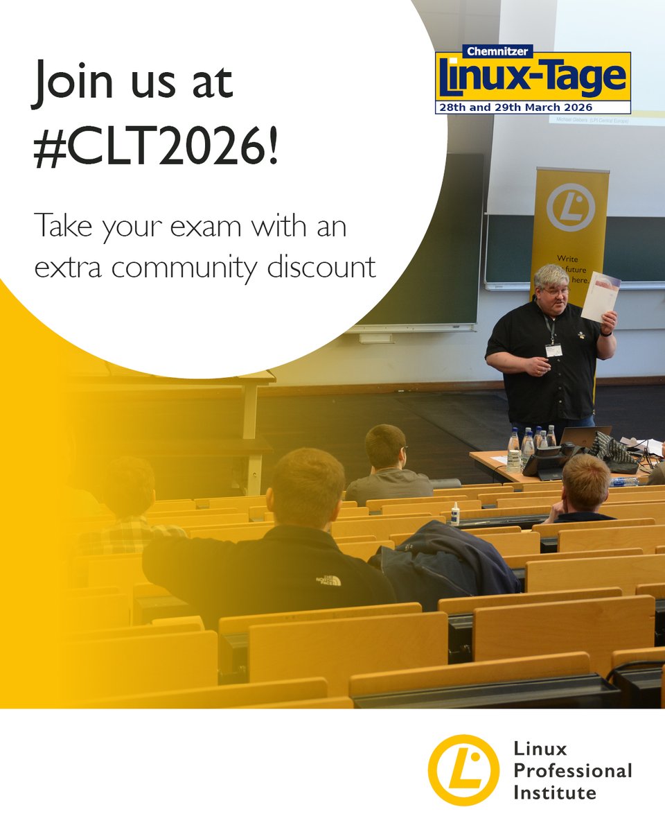 LPIConnect's tweet photo. Take paper-based #LPI exams at a huge discount at Chemnitzer #LinuxTage 2026, in Chemnitz, Germany, on March 29.
€70 (Essentials) / €110 (others) – limited seats! 🐧
Thanks to our partners @LPI_CE and @wefinet for sponsoring the discounts!
https://t.co/DrFHnQfkRC
@clt_news https://t.co/ROPzcfVErE