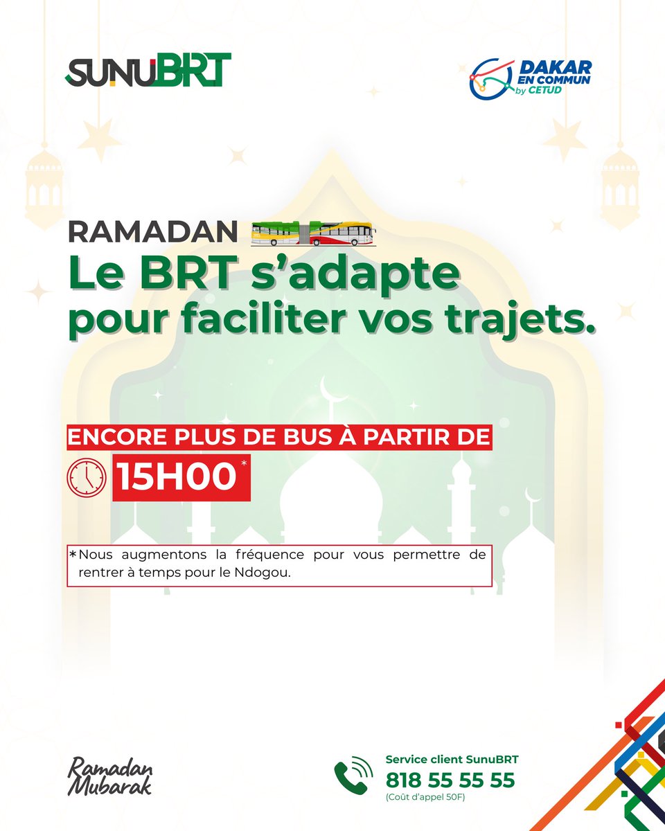 Sunubrtofficiel's tweet photo. 🌙 Ramadan : SunuBRT pense à vous faciliter les déplacements pour vous permettre d'arriver à l'heure pour le Ndogou.

À partir de 15h, nous augmentons la fréquence des bus pour plus de fluidité, plus de rapidité et moins d'attente.

Kóoru jamm ak SunuBRT 🤲🏾

#SunuBRT https://t.co/jpFWqXfOZl