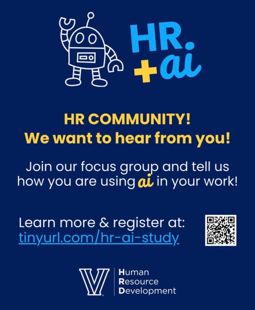 villanovahrd's tweet photo. Villanova HRD is conducting a study to better understand how HR professionals are integrating AI and we’d love your input! 🤖

Join our focus group on March 13, 2026 at The Inn at Villanova. Breakfast will be provided! 

Learn more and register here: https://t.co/EtWfZLo2U8 https://t.co/7HKom5xdtK