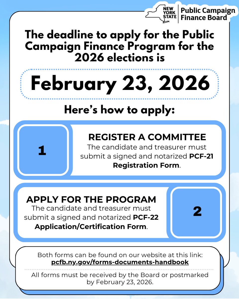 NYSPCFB's tweet photo. REMINDER! February 23rd is the deadline to participate in the Public Campaign Finance Program this cycle. Registration and application forms can be found at https://t.co/nvG4l12TTC. Got questions? Reach out to PCFB@elections.ny.gov or (518) 473-2784. https://t.co/AP7tfWRw1X