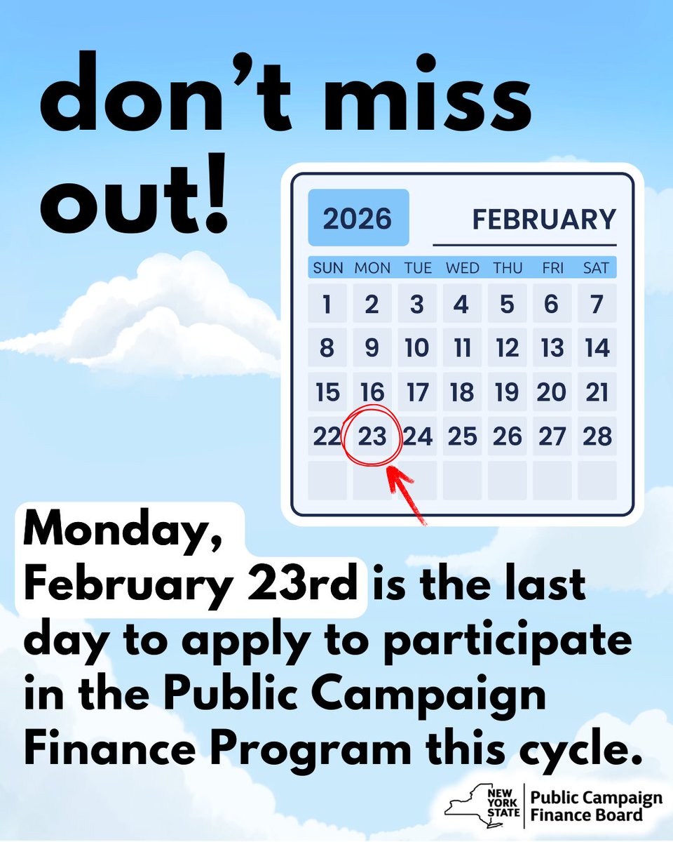NYSPCFB's tweet photo. REMINDER! February 23rd is the deadline to participate in the Public Campaign Finance Program this cycle. Registration and application forms can be found at https://t.co/nvG4l12TTC. Got questions? Reach out to PCFB@elections.ny.gov or (518) 473-2784. https://t.co/AP7tfWRw1X