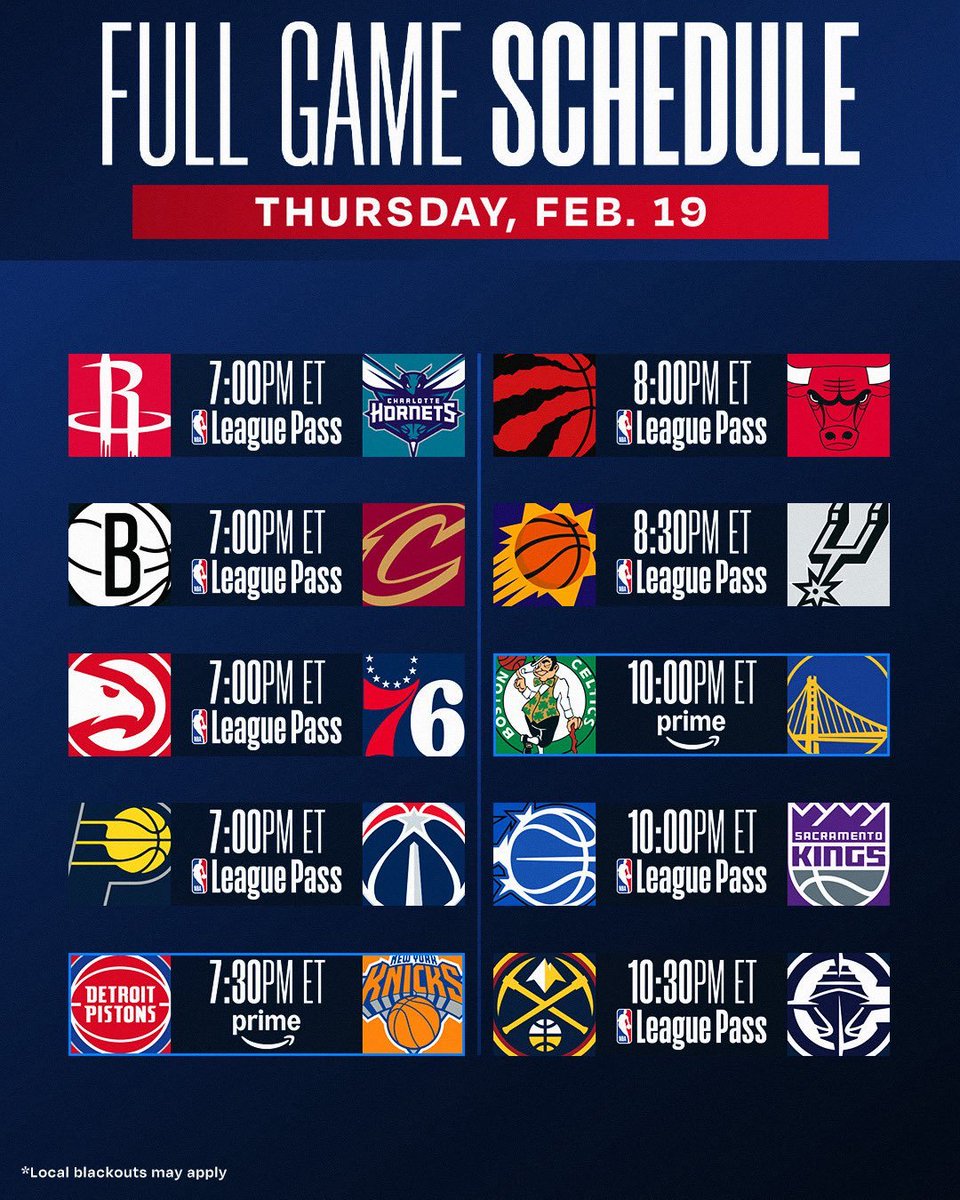 NBA 2/19/26 predictions 

Current Record: 248-159 (61% winrate) 

Rockets (L) vs Hornets (W) 
Nets (L) vs Cavs (W) 
Hawks (L) vs 76ers (W) 
Pacers (W) vs Wizards (L) 
Pistons (L) vs Knicks (W) 
Raptors (L) vs Bulls (W) 
Suns (L) vs Spurs (W) 
Celtics (W) vs Warriors (L) 
Magic