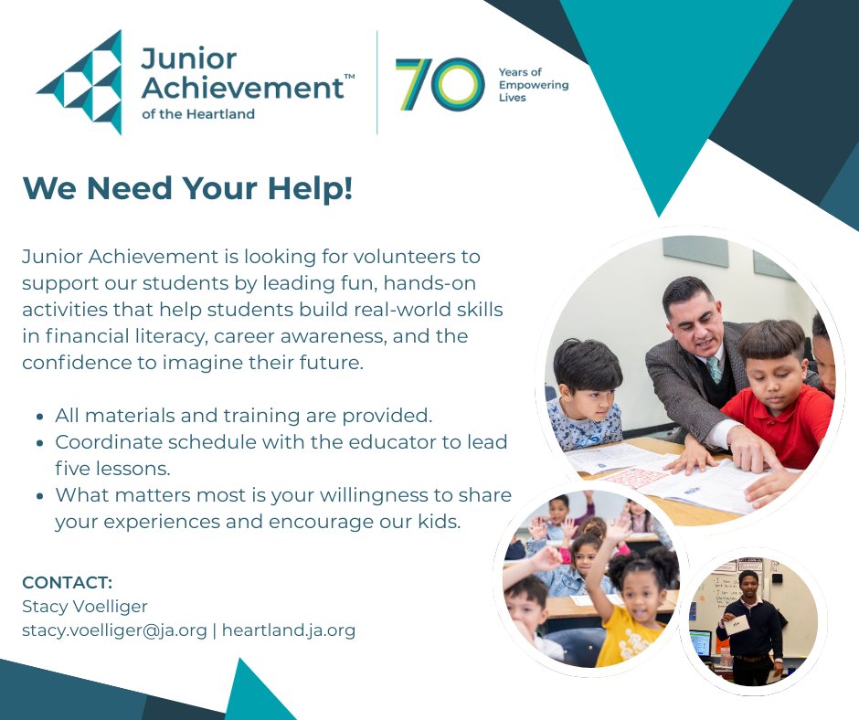 This year marks the 70th anniversary of Junior Achievement of the Heartland — and you can be part of the impact. 🎉

Help us celebrate by stepping into a classroom as a JA volunteer. 

 Sign up today! 👉 bit.ly/jahopenclasses