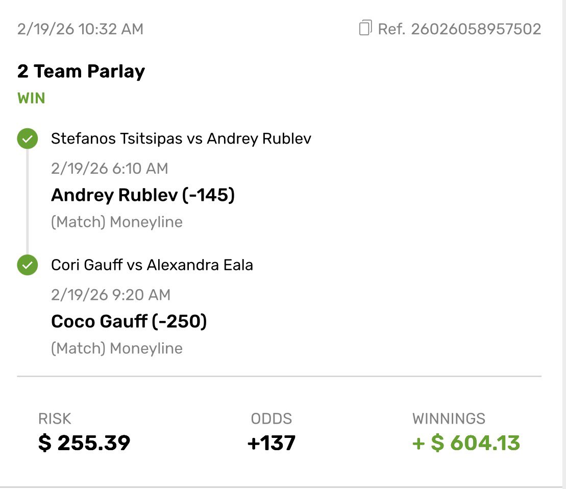 CASH IT✅✅✅

SWEAT FREE ON BOTH SIDES💰

🎾 Andrey Rublev ML ✅
🎾 Coco Gauff ML ✅

#Gambling𝕏 #Bovada #BettingCommunity #TennisPicks