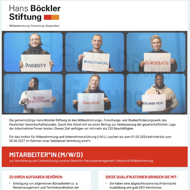 tweet_kul's tweet photo. Anzeige: 📣 Hans-Böckler-Stiftung sucht Mitarbeiter*in (m/w/d) #Personalmanagement, #Arbeit und #Mitbestimmung, Vollzeit | #Düsseldorf
📅 Frist: 03. März 2026
➡️https://t.co/g6BrguJZJa
#Job #stellenausschreibung @boeckler_de https://t.co/SEz3F4ADlw