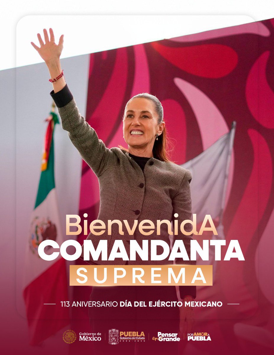 En el 113 Aniversario del Día del Ejército Mexicano, Puebla honra la lealtad y el valor de nuestras Fuerzas Armadas. Con orgullo recibimos a la Presidenta de México y Comandanta Suprema, Dra. <a href="/Claudiashein/">Claudia Sheinbaum Pardo</a>, reafirmando unidad y compromiso en favor de la nación.