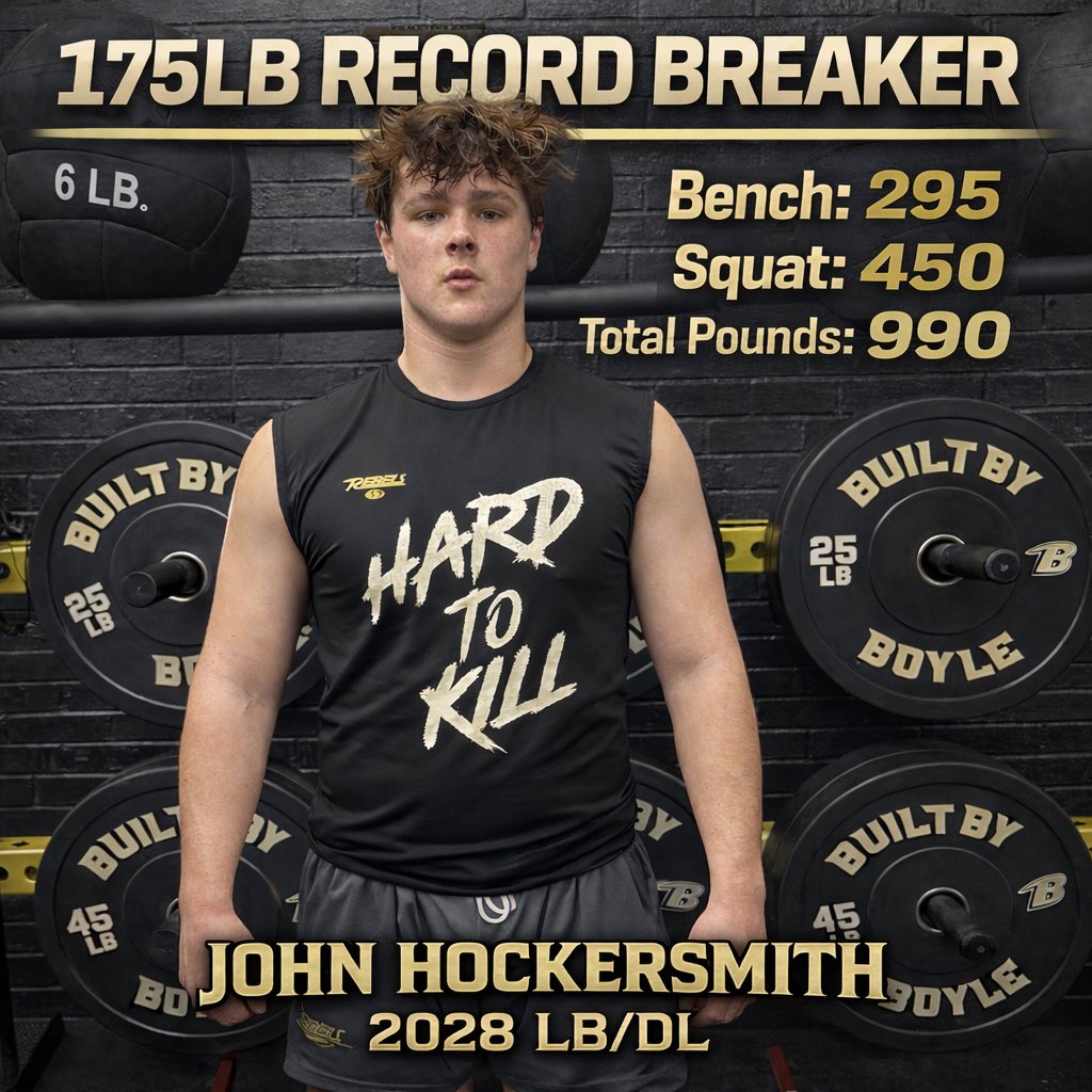 CoachHaddix11's tweet photo. First Max Record Breaker
175lbs and attacks the Weight Room EVERY DAY
John Hockersmith 
#BuiltByBoyle
GO REBELS!!! #HTK https://t.co/bnQHvIGEHf