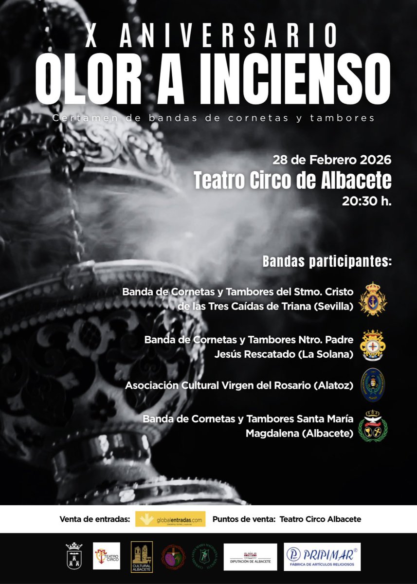 🗓️ | 𝐂𝐄𝐑𝐓𝐀𝐌𝐄𝐍 • 𝐎𝐋𝐎𝐑 𝐀 𝐈𝐍𝐂𝐈𝐄𝐍𝐒𝐎

El próximo 28 de Febrero nos desplazaremos hasta Albacete para participar en el Certamen ‘Olor a Incienso’.

🎫: globalentradas.com/globalentradas….

#TresCaídasDeTriana | #ToquesDeTriana