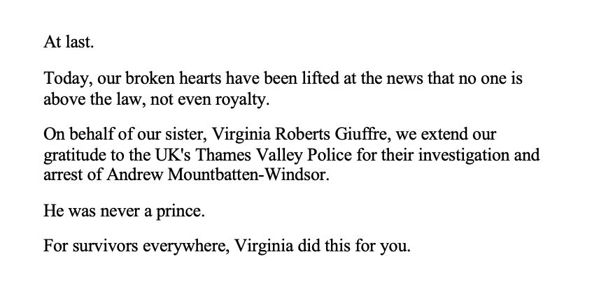 girlsreallyrule's tweet photo. The family of Virginia Giuffre, who died by suicide at age 41 in April of 2025, have released a statement following the arrest of Prince Andrew Mountbatten-Windsor. https://t.co/pE4a0bs4Bi