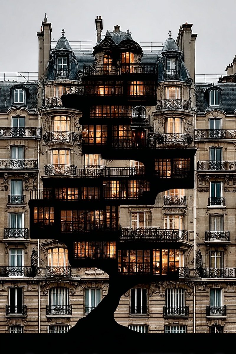 “Warmth in Negative Space”

From the street, it keeps its manners—
stone face, iron balconies,
rows of obedient windows
pretending to be identical.

But something darker grows inside it.

Not decay—
direction.

A spine of shadow climbs upward,
branching into rooms
that refuse