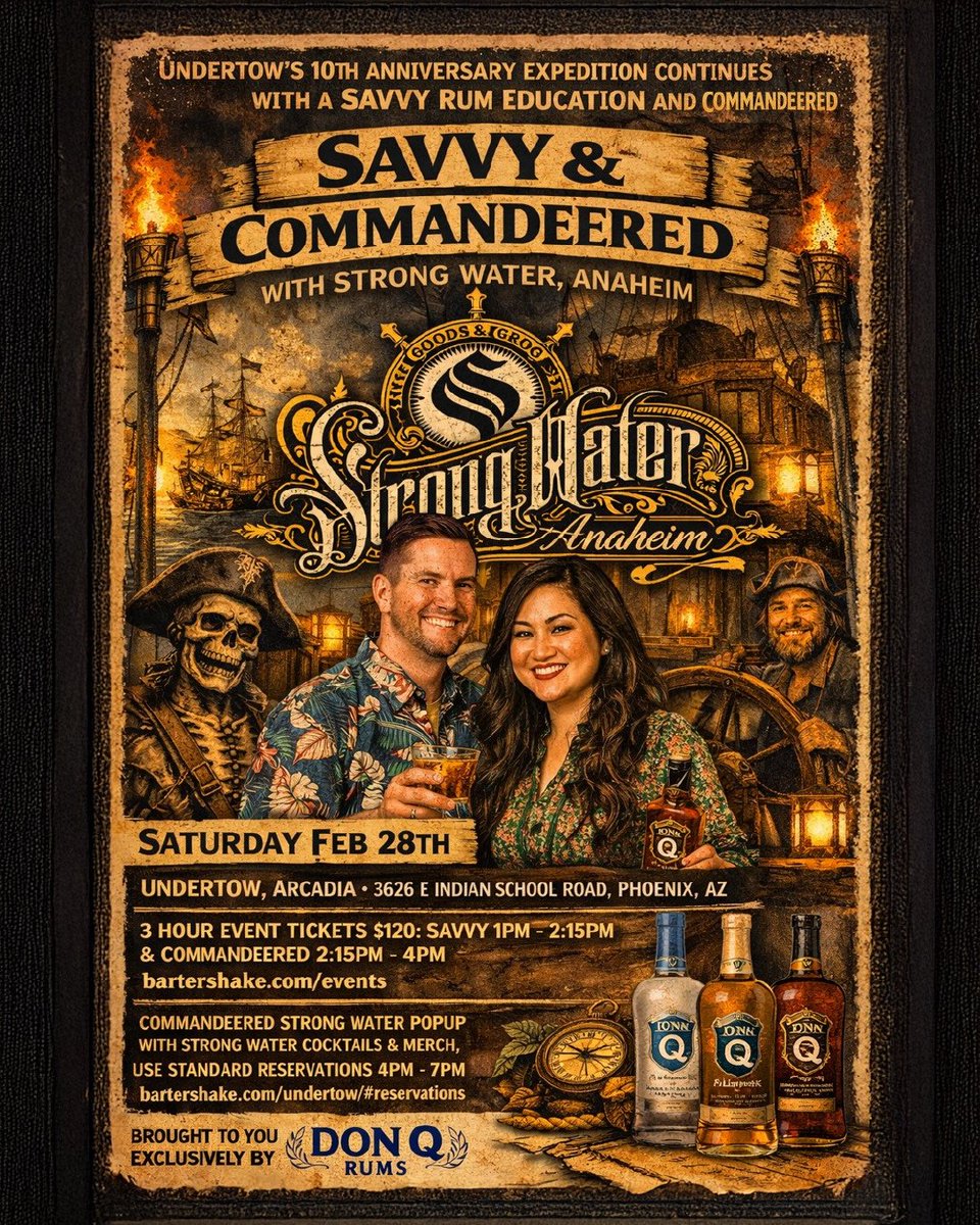 UnderTow’s 10th Anniversary continues. ⚓️

Step into a rare SAVVY &amp; COMMANDEERED experience with Strong Water Anaheim. 

Learn, sip, and savor three crafted cocktails, take home a bottle of Don Q Rum, and your own 24 kt gold UnderTow snifter. bit.ly/40g2Ntk