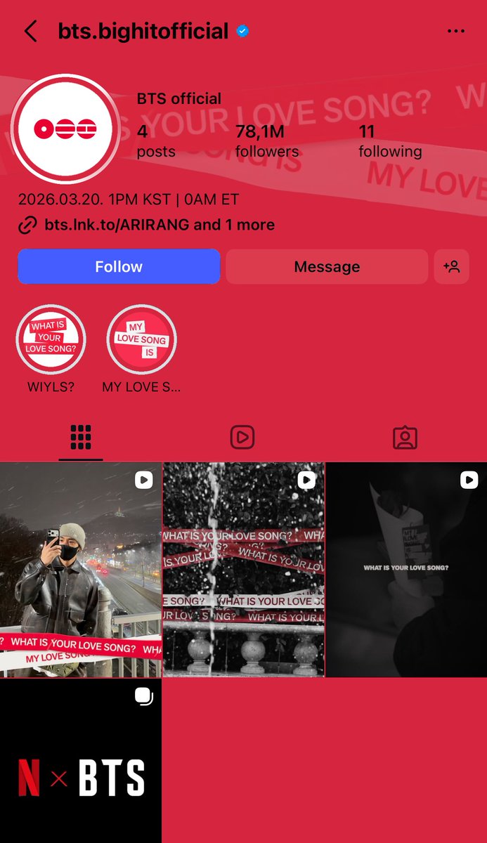 triptyciph's tweet image. Instagram partnered with BTS and Spotify to give users the opportunity to change their profiles to red in celebration of their album.

You will be able to see the colors after clicking the link &amp;gt; click spotify &amp;gt; presave. It might take a day!
Try direct 🔗 instagram.com/s/aGlnaGxpZ2h0…