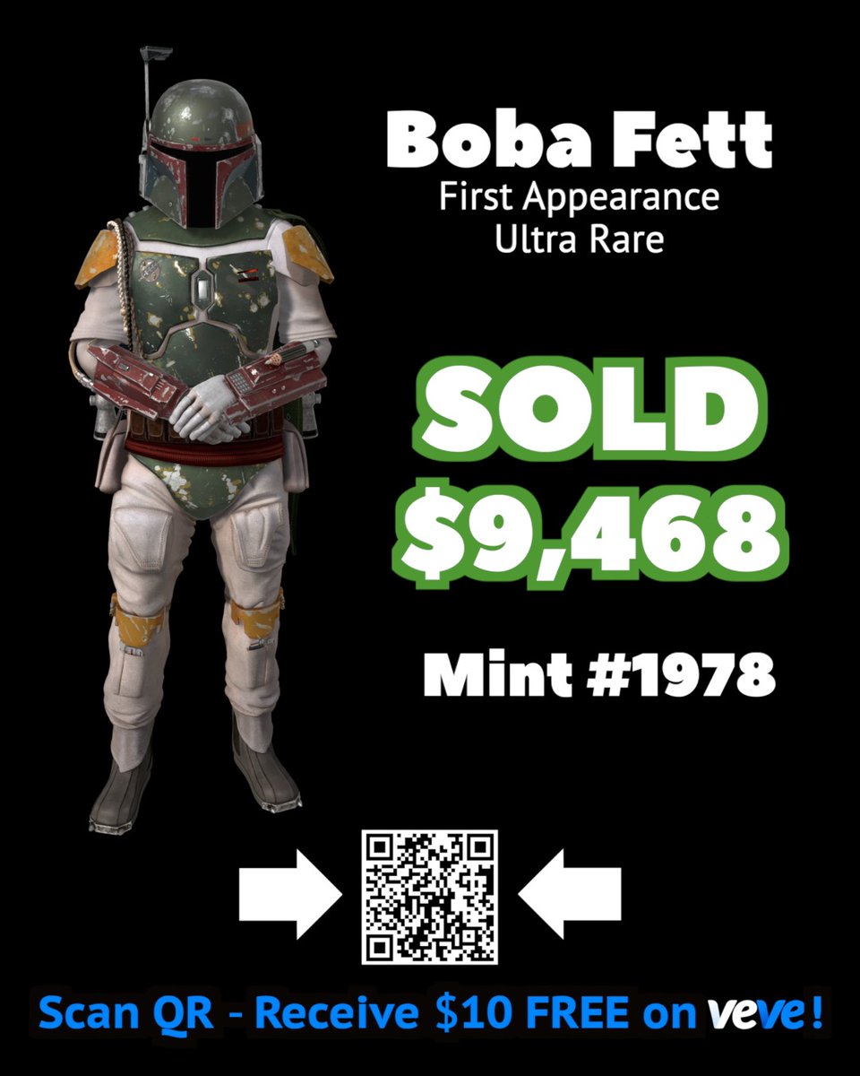 🚨 SOLD for $9,468 🚨

The First Appearance digital collectible of Boba Fett (Mint #1978) just sold this week on <a href="/StackRworld/">StackR</a> for 69.62 MILLION OMI. 👉 $9,468 at the time of sale

What makes this piece special? 

1978 is the year Boba Fett first appeared in any medium, debuting