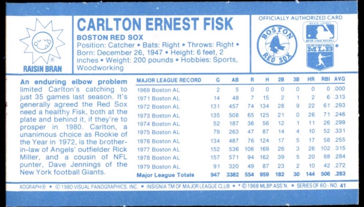 CardboardHistry's tweet photo. And did you know #Pudge Fisk’s brother-in-law was this #Angels outfielder & his cousin was this #Giants punter?! @KelloggsUS always had the best info on their cardbacks! https://t.co/djI56IiDKI