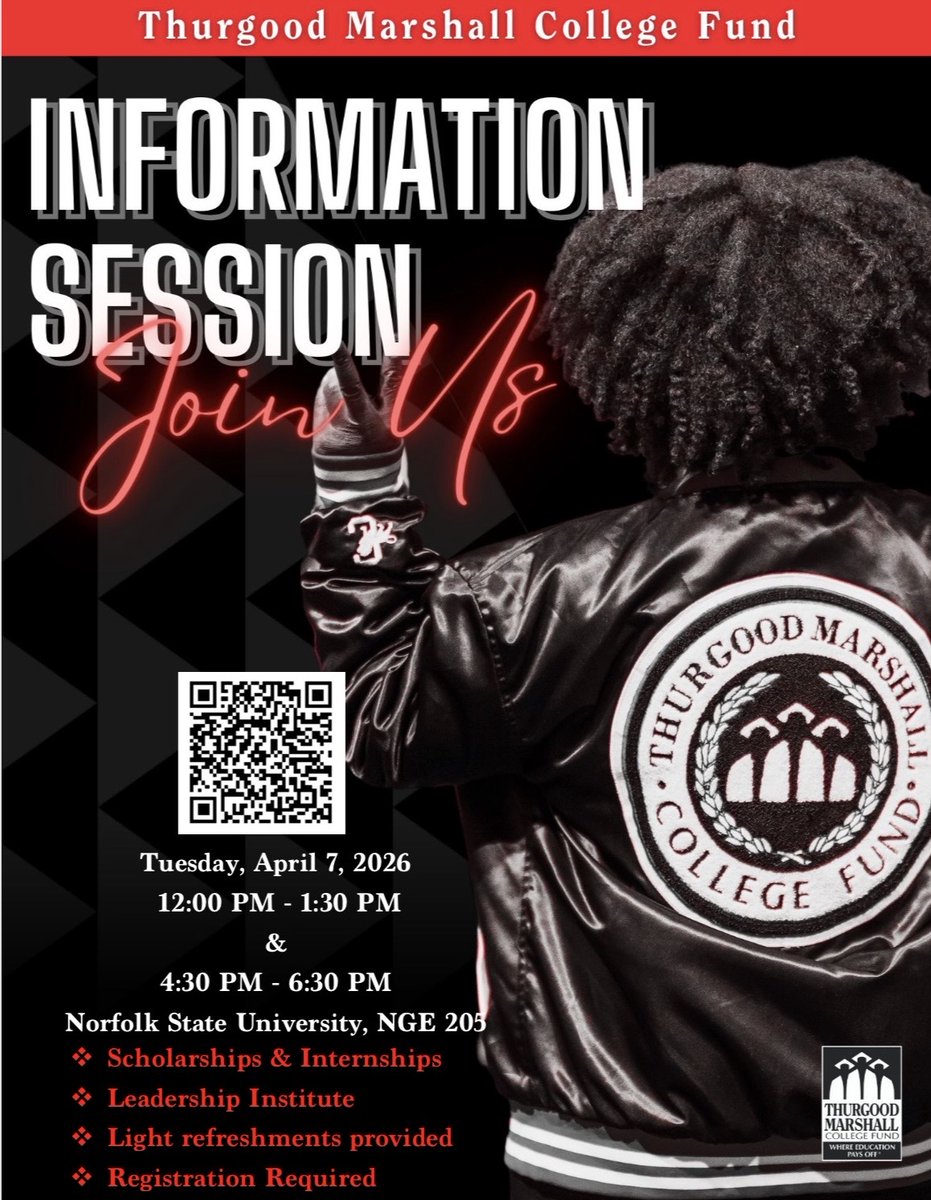 Norfolkstate's tweet photo. The Thurgood Marshall College Fund will host an information session at NSU on April 7, 2026, highlighting scholarships, internships and leadership institute programs designed to support your success. Secure your seat today! https://t.co/gWreOFN8Ej https://t.co/2fxJNGNnnA