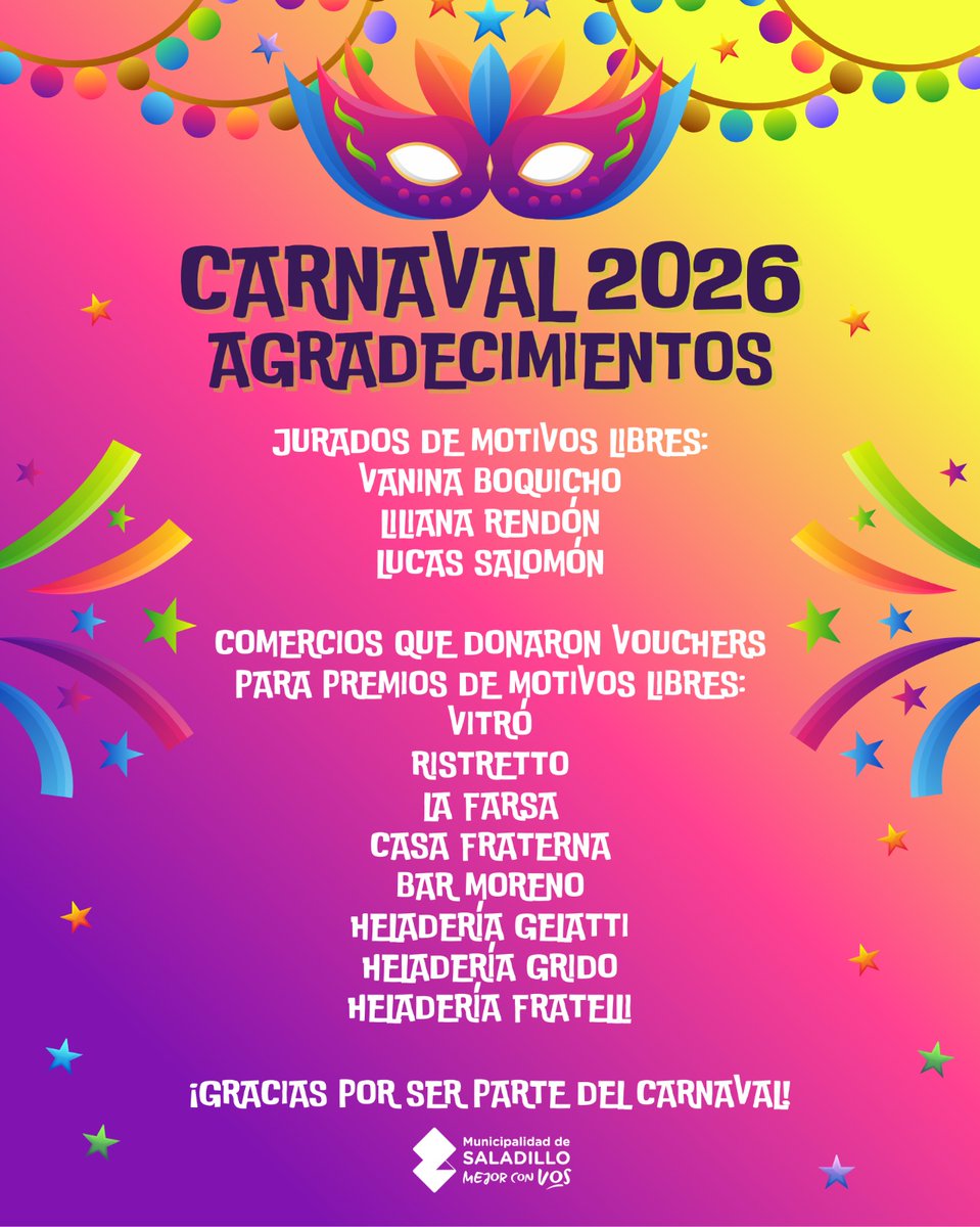 cedhsaladillo's tweet photo. 🎊 CARNAVAL 2026 EN SALADILLO 🎊
AGRADECIMIENTOS

¡Gracias por ser parte del Carnaval!

@MuniSaladillo
@CEDHSaladillo

#CEDHSaladillo
#Carnavales2026
#Cultura
#MunicipalidadDeSaladillo
#MejorConVos
#Saladillo

https://t.co/JzTxCUpxqu
https://t.co/sxbRngofaR https://t.co/LU30WB9xDx